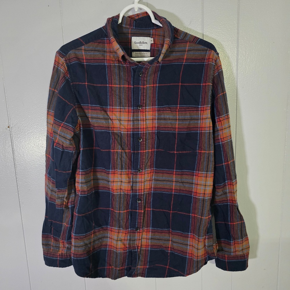 Goodfellow & Co Mens Medium M Blue Orange Plaid Flannel Shirt Long Sleeve Cotton